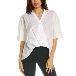 New Theory‎ White Linen Blend Collared High-Low Twist Front Top Size XS